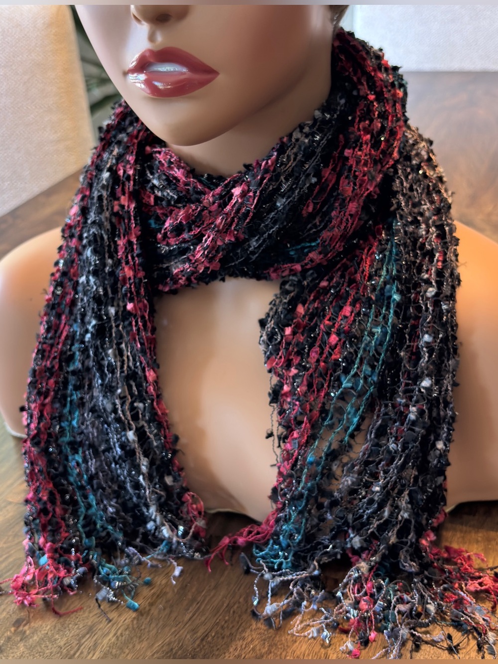 Maurices Open Knit Fringed Infinity Scarf Pink Blue Black MetallicRibbon Yarn